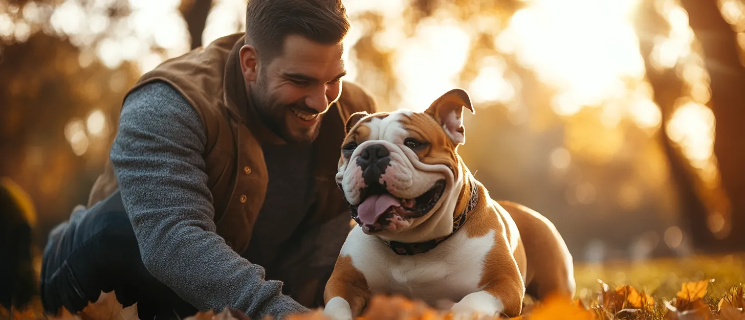 Man playing with his bulldog